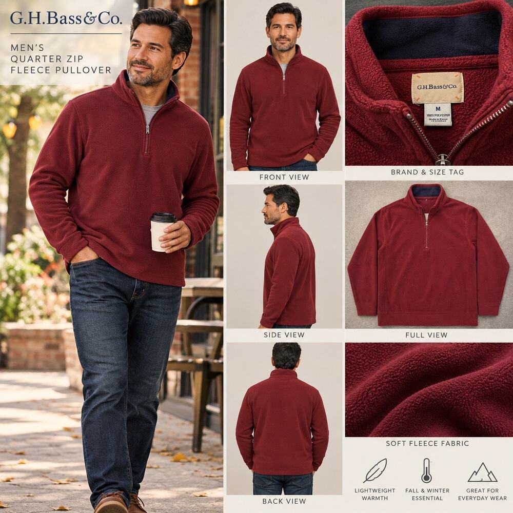 GH Bass Burgundy Fleece Quarter Zip Pullover M Funnel Neck Outdoor